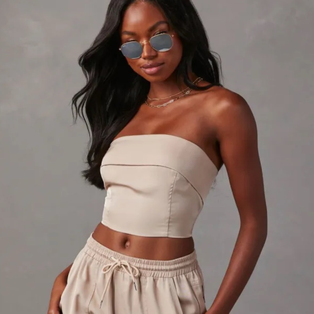 Skylar Rose Champagne Silky Satin Strapless Cropped Corset Top Medium NWT